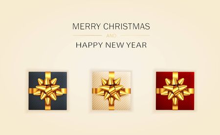 Christmas card. Set of colored realistic gifts with golden bows on beige background. Illustration with holiday lettering can be used for Christmas design, posters, cards, websites, headers, banners.のイラスト素材