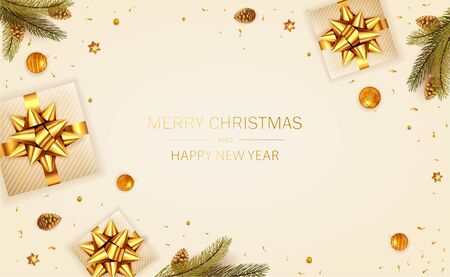 Christmas balls, holiday gifts with golden bow, fir tree branches, pine cones and shiny stars on beige background. Illustration can be used for Christmas design, posters, cards, websites and banners.のイラスト素材