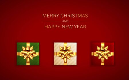 Christmas card. Set of colored realistic gifts with golden bows on red background. Illustration with holiday lettering can be used for Christmas design, posters, cards, websites, headers, banners.のイラスト素材