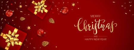 Christmas decorations with balls, holiday gifts with golden bow, pine cones and shiny stars on red background. Illustration can be used for Christmas design, posters, cards, websites and banners.のイラスト素材