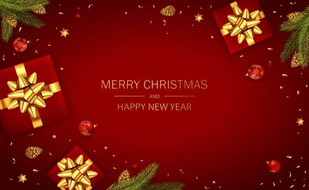 Christmas balls, holiday gifts with golden bow, fir tree branches, pine cones and shiny stars on red background. Illustration can be used for Christmas design, posters, cards, websites and banners.のイラスト素材