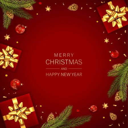 Christmas balls, holiday gifts with golden bow, fir tree branches with pine cones and shiny stars on red background. Illustration can be used for Christmas design, posters, cards, websites and bannersのイラスト素材