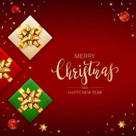 Holiday banner with Christmas balls, beads, three gifts with golden bow and stars on red background. Illustration can be used for Christmas design, posters, cards, websites, headers.のイラスト素材