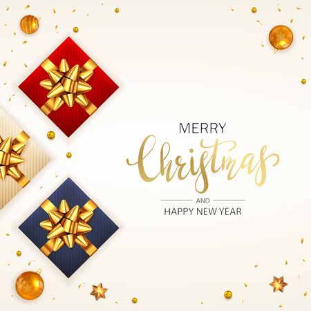 Holiday banner with Christmas balls, beads, three gifts with golden bow and stars on beige background. Illustration can be used for Christmas design, posters, cards, websites, headers.のイラスト素材