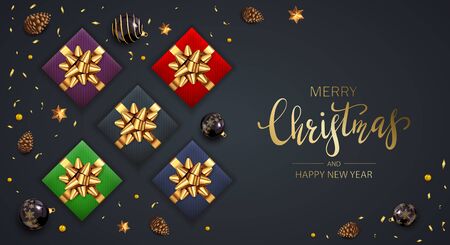 Holiday banner with Christmas balls, pine cones, beads, colored gifts with golden bow and stars on black background. Illustration can be used for Christmas design, posters, cards, websites, headers.のイラスト素材