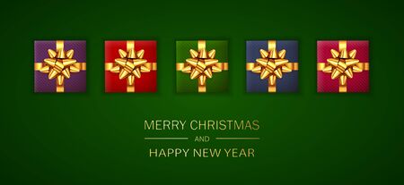 Christmas poster. Set of colored realistic gifts with golden bows on green background. Illustration with holiday lettering can be used for Christmas design, posters, cards, websites, headers, banners.のイラスト素材