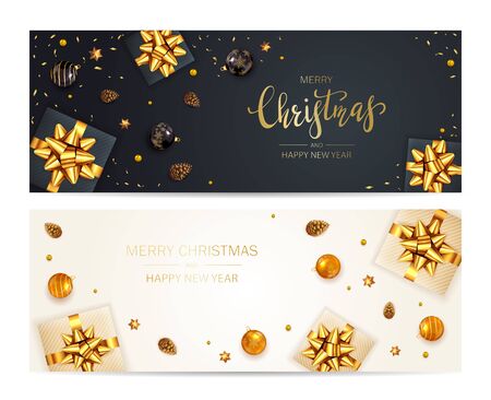 Black and white Christmas banners with balls, pine cones, beads, holiday gifts with golden bow and shiny stars. Illustration can be used for Christmas design, posters, cards, websites and headers.のイラスト素材