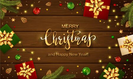 Wooden background with Christmas lights, fir tree branches, balls, pine cones, holiday gifts with golden bow and shiny stars. Illustration can be used for Christmas design, posters, cards and headers.のイラスト素材