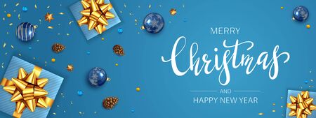 Christmas decorations with balls, holiday gifts with golden bow, pine cones and shiny stars on blue background. Illustration can be used for Christmas design, posters, cards, websites and banners.のイラスト素材