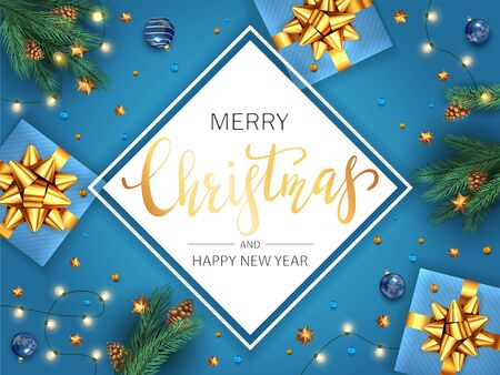 Christmas card with balls, holiday gifts, golden bow, fir tree branches, pine cones and shiny stars on blue background. Illustration can be used for Christmas design, posters, cards, websites, bannersのイラスト素材