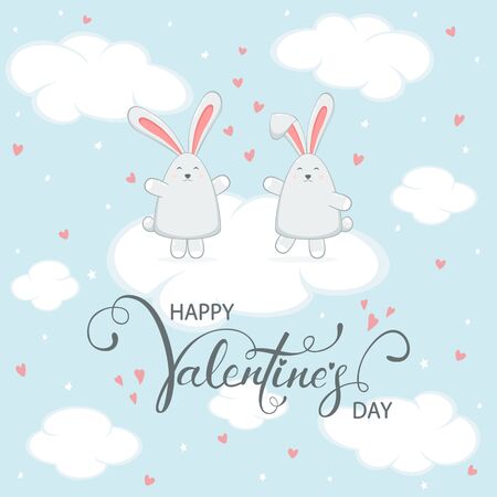 Cute couple of loving rabbits on sky background with hearts and clouds. Black lettering Happy Valentines Day. Illustration with little bunnies in cartoon style can be used for valentines holiday card. のイラスト素材