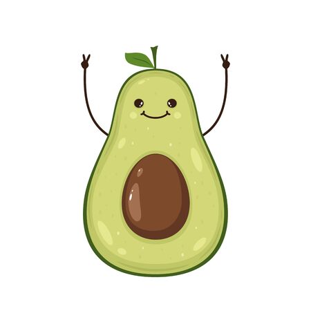 Cute happy avocado isolated on white background. Kawaii avocado shows a victory sign with its hands. Illustration in cartoon style can be used for children's clothing or things design, cards, banners.のイラスト素材
