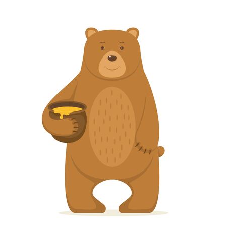 Cute bear with a pot of honey in his hand isolated on white background. Cartoon illustration in flat style with happy animal can be used for icons, mascot, children's clothing or things design.のイラスト素材