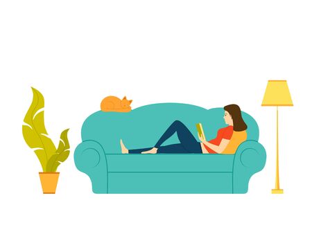 Beautiful woman reading a book or studying lying on the sofa. A red cat sleeps nearby. Cartoon illustration in flat style with pretty girl on sofa, lamp and plant isolated on white background.のイラスト素材