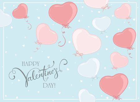 Pink and blue balloons in the form of Heart flying on blue sky background. Lettering Happy Valentine's Day. Valentines illustration can be used for holiday design, posters, cards, websites, banners.のイラスト素材