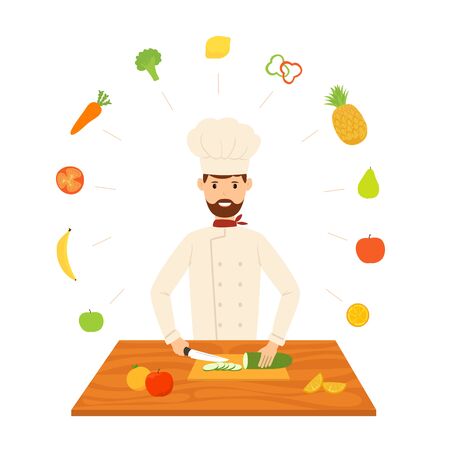 Smiling chef cuts with a knife, prepares dishes. Vegetables and fruits fly around it. Happy cook isolated on a white background. Cartoon illustration in flat style on the theme of a healthy lifestyle.のイラスト素材