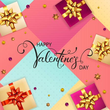 Colorful Valentines card with holiday decorations, gifts and stars. Black lettering Happy Valentine's Day. Illustration can be used for holiday design, posters, cards, websites, banners.のイラスト素材