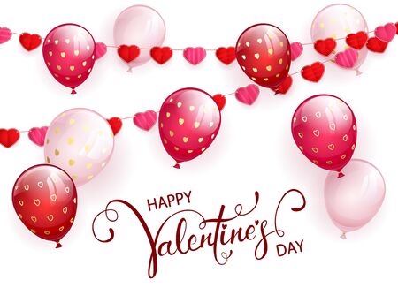 Text Happy Valentine's Day on white background with pink flying balloons and red pennants in the form of hearts. Illustration can be used for holiday design, posters, cards, websites, banners.のイラスト素材