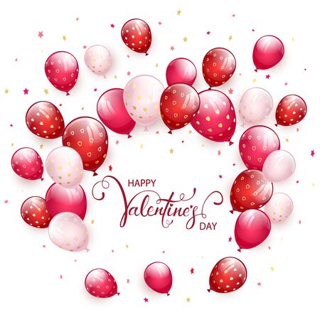 Lettering Happy Valentine's Day isolated on white holiday background with flying red and pink balloons. Illustration can be used for holiday design, posters, cards, websites, banners.のイラスト素材
