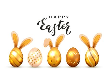 Black lettering Happy Easter and golden Easter eggs with rabbit ears, isolated on white background. Illustration with decorative Easter symbol can be used for holiday design, decorations and cards.のイラスト素材