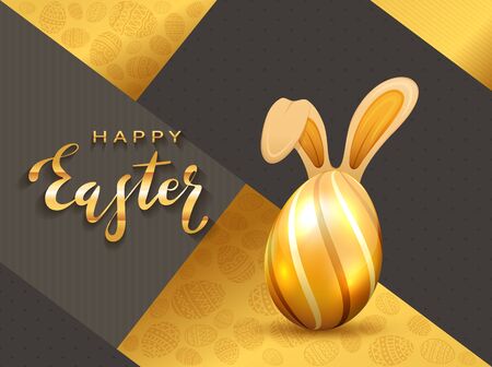 Golden Easter egg with rabbit ears and lettering Happy Easter on gold and black background. Illustration with egg and bunny can be used for holiday design, decorations and cards.のイラスト素材