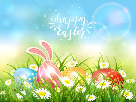 Easter theme with eggs and bunny ears. Lettering Happy Easter on blue nature background with butterflies and a white rabbit behind eggs in the grass with flowers, illustration.のイラスト素材