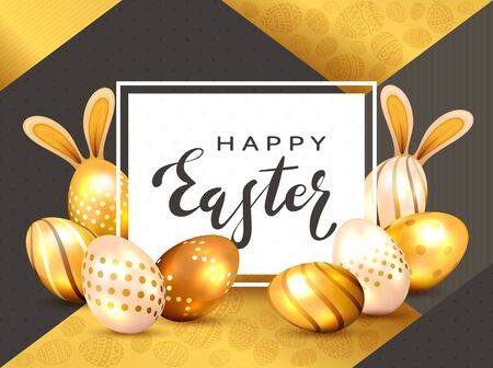 Black lettering Happy Easter on white card and golden Easter eggs with bunny ears on holiday black and gold background. Illustration with Easter rabbit can be used for holiday design and cards.のイラスト素材