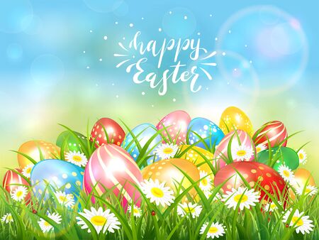 Easter theme with colorful eggs in the grass with flowers. Lettering Happy Easter on blue sky background. Spring nature. Illustration can be used for holiday design and greeting card.のイラスト素材