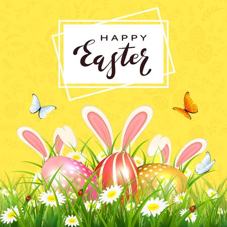 Yellow background with floral pattern and lettering Happy Easter. Butterflies and rabbit ears behind the colorful Easter eggs in grass and flowers. Illustration can be used for holiday design, cards.のイラスト素材