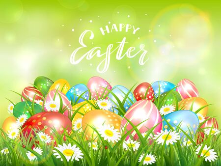 Easter theme with colorful eggs in the grass with flowers. Lettering Happy Easter on green background. Spring nature. Illustration can be used for holiday design and greeting card.のイラスト素材