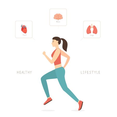 Sports active lifestyle. Running woman. Set of internal human organs like heart, lungs and brain around jogging girl on white background. Vector illustration in flat cartoon style. World Health Dayのイラスト素材