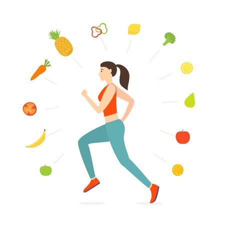 Jogging girl dressed in sportswear. World Health Day. Vegetables and Fruits around running woman isolated on white background. Sports active lifestyle theme. Vector illustration in flat cartoon style.のイラスト素材
