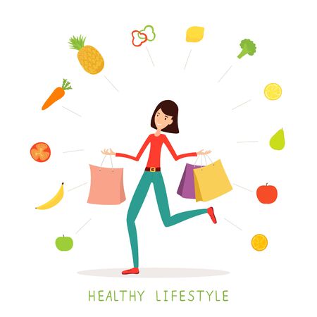 Slender woman with shopping bags. Healthy lifestyle theme. Vegetables and Fruits around woman isolated on white background. Diet and healthy eating. Cartoon vector illustration in flat style.のイラスト素材