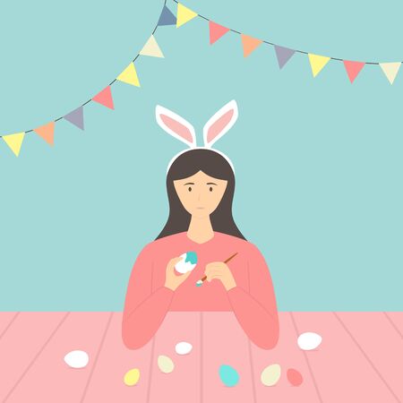 Happy Easter theme. Cute girl with rabbit ears decorates eggs. Holiday illustration in flat cartoon style can be used for greeting card, poster, banner. Happy woman coloring with paints Easter eggs.のイラスト素材