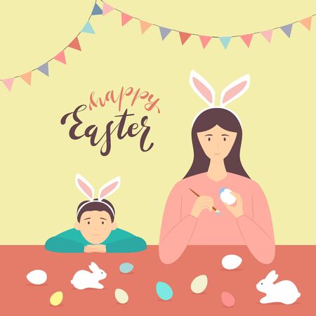 Happy Easter theme. Mother and son with rabbit ears decorate eggs. Holiday illustration in flat cartoon style can be used for greeting card, poster, banner. Happy family coloring Easter eggsのイラスト素材