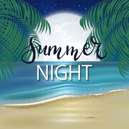 Nature background with sparkling sea or ocean, sandy beach, palm leaves and full moon in night sky. Tropical background. Summer night. Illustration can be used for summer banners, posters, cards.のイラスト素材