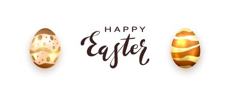 Two chocolate Easter eggs with decorative patterns isolated on white background. Lettering Happy Easter with realistic eggs. Illustration can be used for holiday design, decoration or greeting card.のイラスト素材