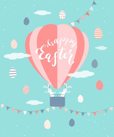 Cute rabbits with Easter eggs, pennants and hot air balloon on blue background. Lettering Happy Easter. Illustration in flat cartoon style can be used for holiday design, poster, banner, greeting cardのイラスト素材