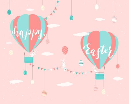 Easter eggs and cute rabbits with pennants and hot air balloon on pink background. Lettering Happy Easter. Illustration in flat cartoon style can be used for holiday design, banners, greeting cards.のイラスト素材
