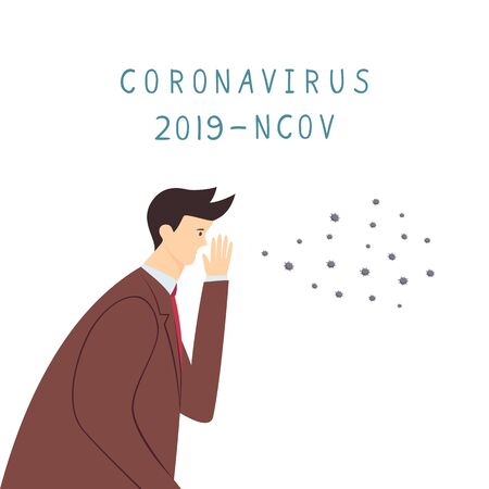 Cartoon illustration of a man who coughs or sneezes from corona virus. Virus disease, infections, influenza pandemic. Coronavirus 2019 - nCoV pathogen respiratory infection. Covid - 19.のイラスト素材