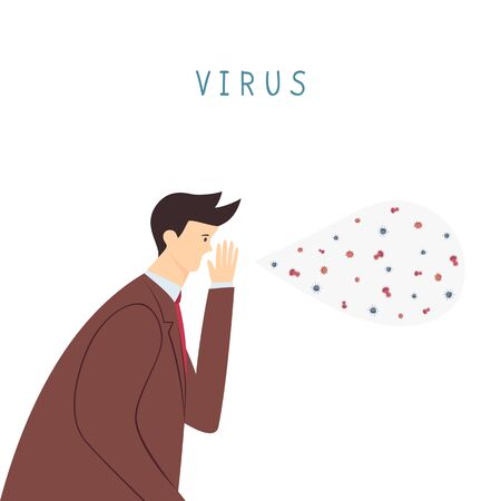 Cartoon illustration of a man who coughs or sneezes. Virus disease, infections, influenza pandemic. Coronavirus 2019 - nCoV pathogen respiratory infection. Covid - 19 corona virus.のイラスト素材