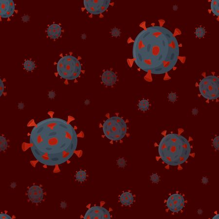 Seamless background with coronaviruses. Cartoon illustration of  corona virus. Virus disease, infections. Pattern with 2019-nCoV  pathogen respiratory infection. Covid-19 on dark background.のイラスト素材