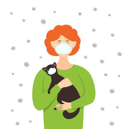 Woman and cat wear medical protective masks on their faces because of the corona virus. Protecting health from infectious, disease and covid-19. Illustration with a flat cartoon characters and virusesのイラスト素材