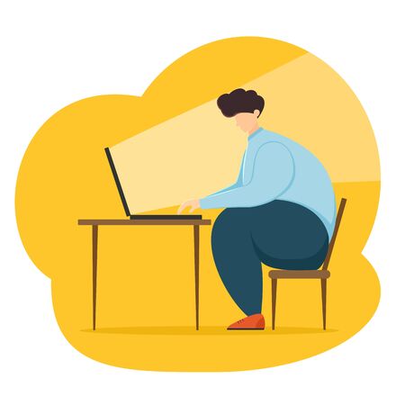 Big man works at the computer in the little workplace. Businessman or manager working on a laptop computer at his desk at home or at work. Illustration in a flat cartoon style with cute character.のイラスト素材