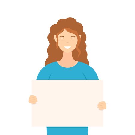 Young beautiful woman holding blank placard, banner, card, sign, advertising. Happy female with empty template isolated on a white background. Illustration in a flat cartoon style with cute girl.のイラスト素材