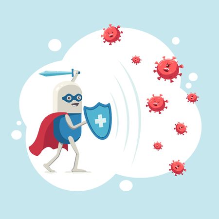 Medical pill - tablet with shield and sword fighting off viruses. Flat cartoon character protects the body. Dangerous viruses, microbes and bacteria attack. Concept of health and victory over disease.のイラスト素材