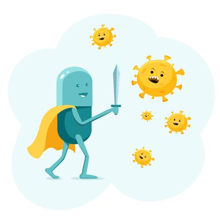 Cute medical pill - tablet with a sword fighting off viruses. A flat cartoon character protects the body. Dangerous viruses, microbes and bacteria attack. Concept of health and victory over disease.のイラスト素材