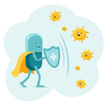 Cute medical pill - tablet with a shield fighting off viruses. A flat cartoon character protects the body. Dangerous viruses, microbes and bacteria attack. Concept of health and victory over disease.のイラスト素材