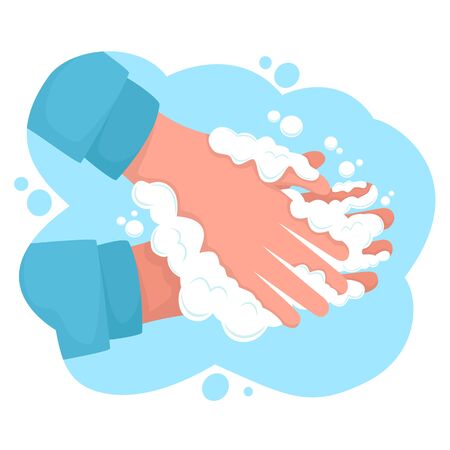 Wash your hands with soap. Healthy lifestyle, cleanliness and body care concept. Washing hands with soap suds and bubbles for corona virus prevention. Personal hygiene to stop spreading coronavirus.のイラスト素材