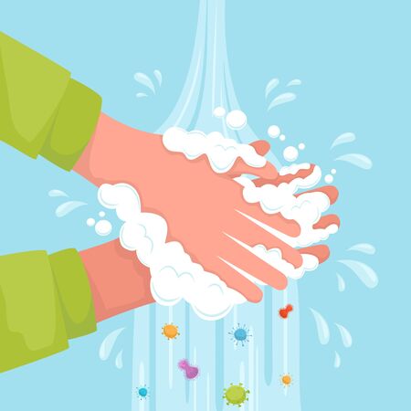 Wash your hands with soap suds bubbles under water. Health, cleanliness and body care concept. Washing hands for virus and bacteria prevention. Personal hygiene to stop spreading germs and coronavirusのイラスト素材